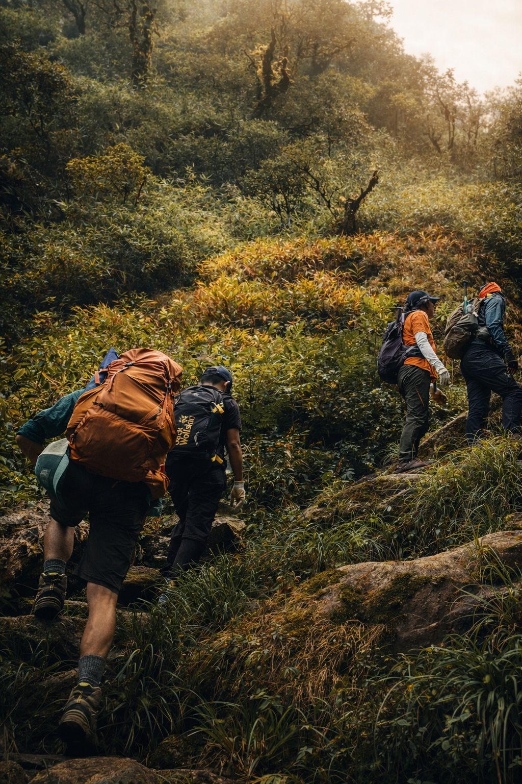 Hikers walking up a narrow mountain trail through lush vegetation in Sapa Vietnam