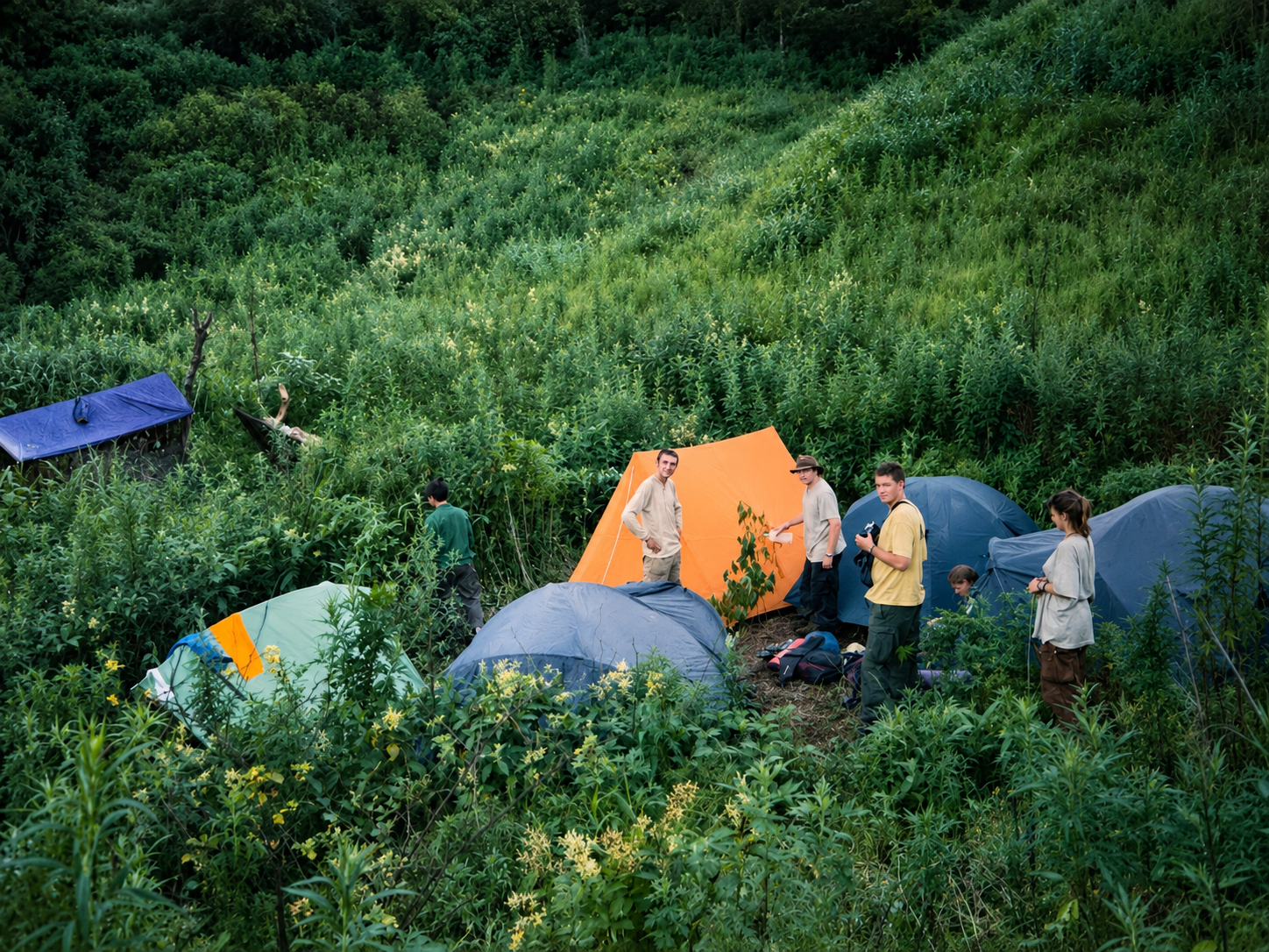 Frontier biodiversity research team's satellite camp with tents pitched in a hemp field near Dền Thàng village in the mountains near Sapa, northern Vietnam, during a 1998 expedition.