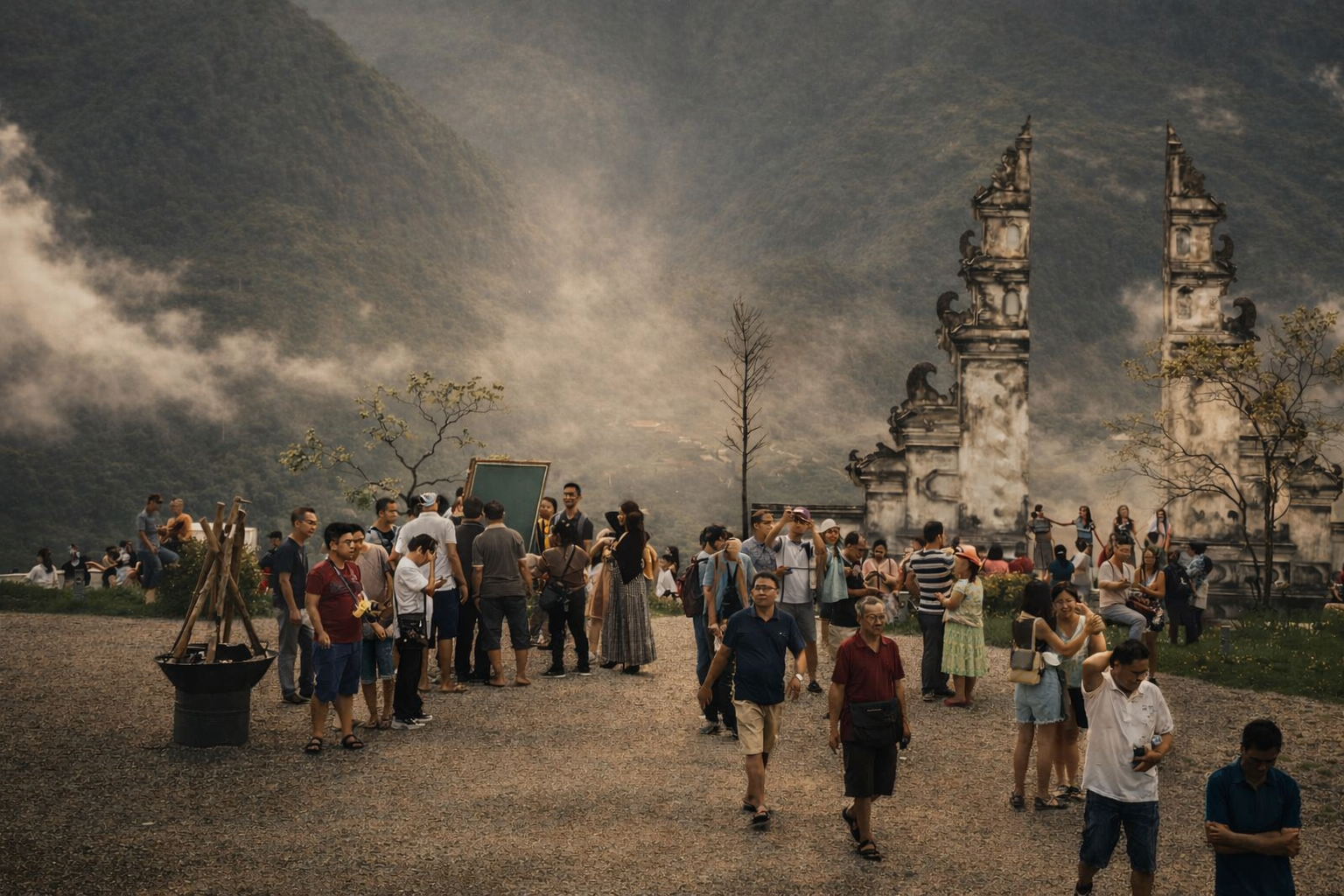 Visitors exploring temple complex at Fansipan mountain in Sapa surrounded by misty landscape