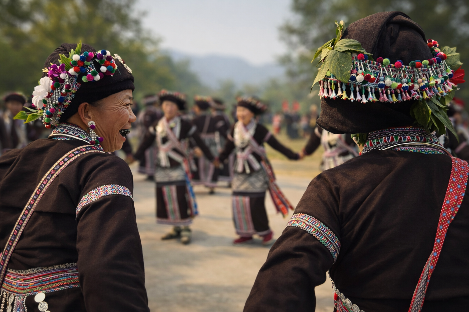 Lao women dancing in a loose circle in traditional attire, their movements fluid and rhythmic as music and celebration bring the village together during the spring water festival.