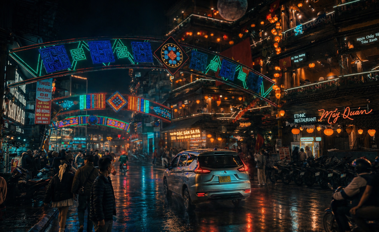 Night view of central Sapa illuminated by cafés, shops, and tourism activity during a busy weekend in 2026.