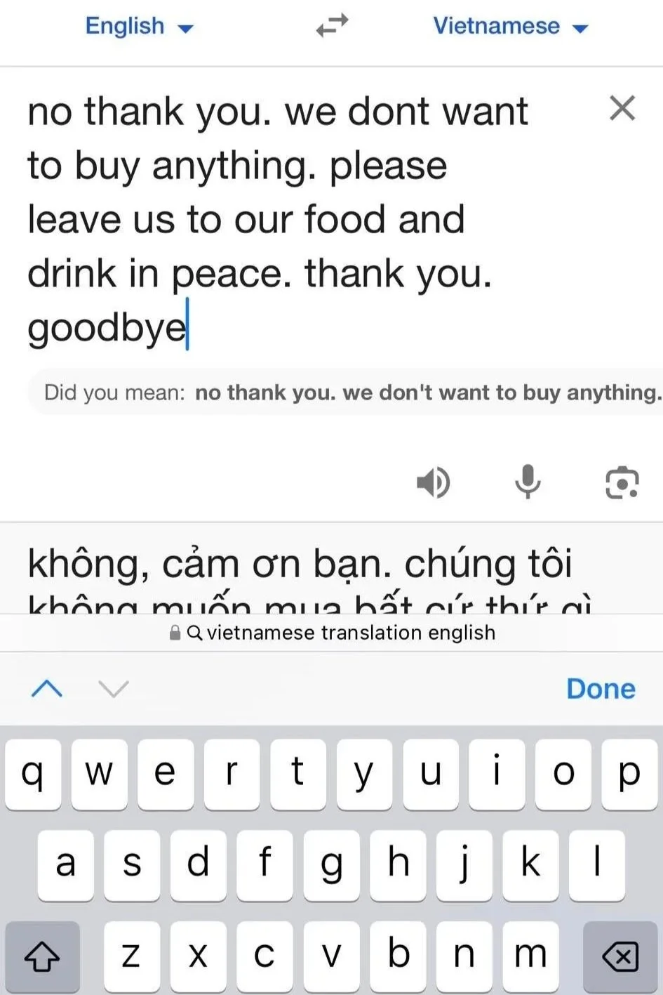 Google Translate message asking a street seller in Sa Pa to accept a refusal and leave visitors to eat in peace.