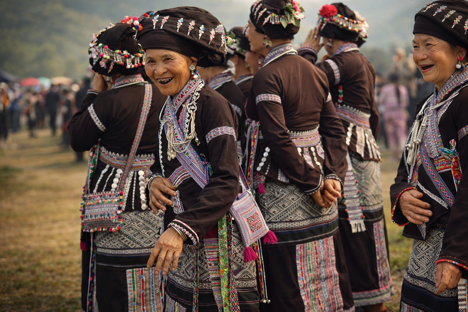 Lao women standing and laughing together in richly detailed traditional dress during Bun Vốc Nặm, their shared joy reflecting the spirit of renewal and connection at the heart of the festival.