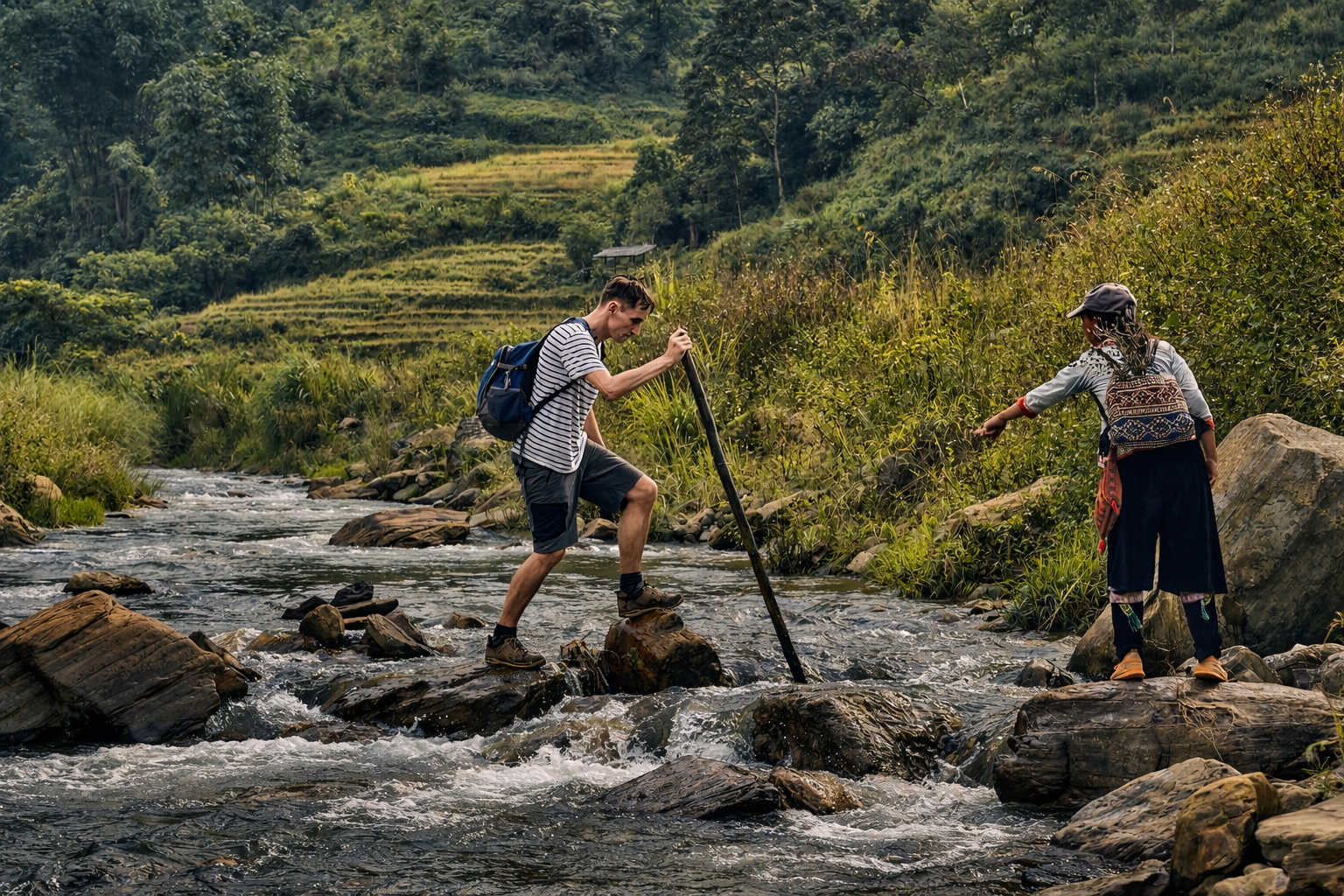 Local guide leading travellers across a river in remote Sapa during an ETHOS trekking experience