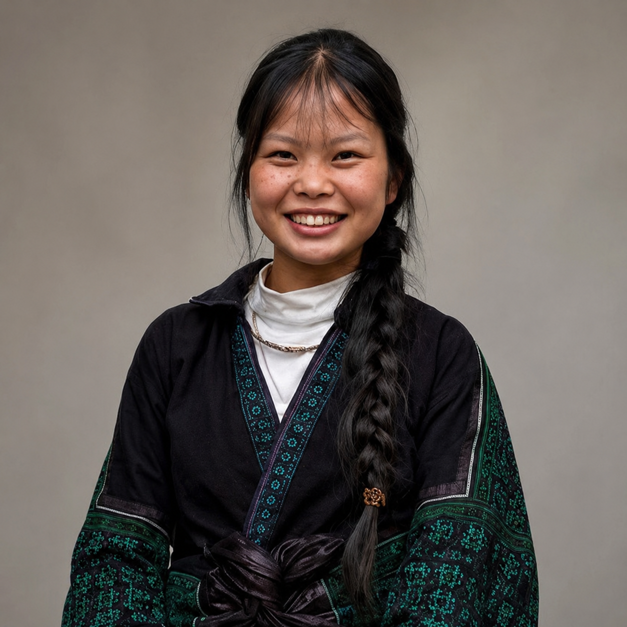 Sùng Thị Sinh smiles at the camera while wearing a black Hmong jacket with turquoise embroidered trim.