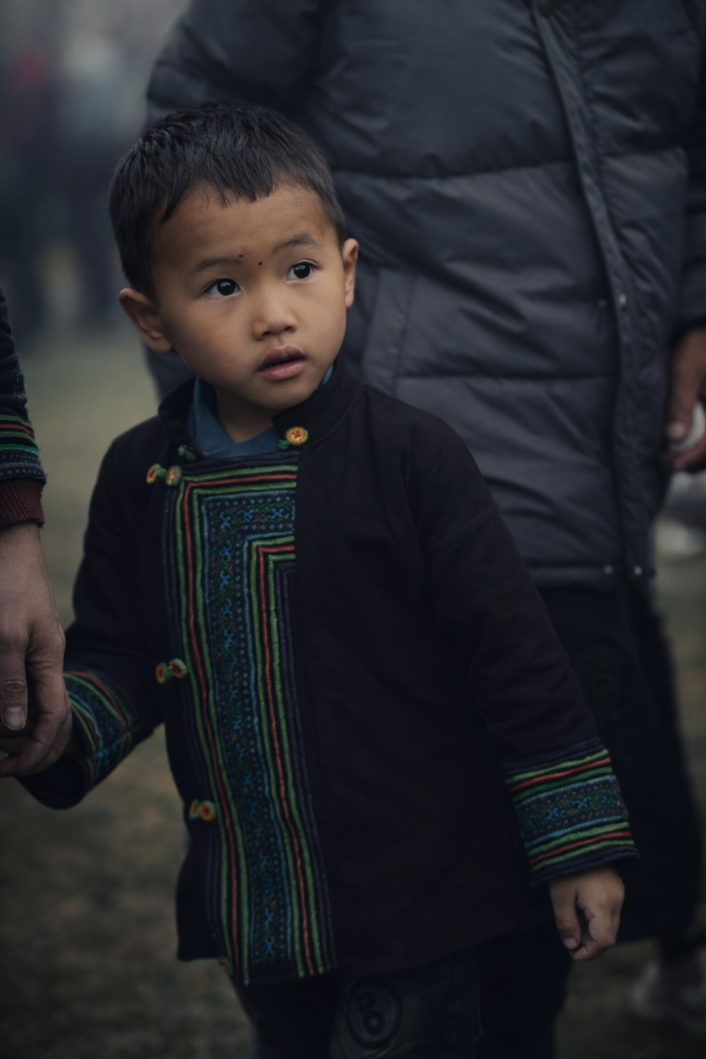 Portrait of a young Hmong boy wearing traditional clothing in Sapa, northern Vietnam, photographed in 2026.