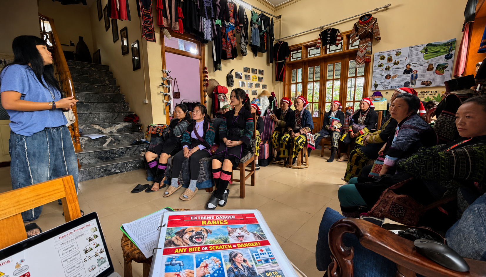 ETHOS Team Director Mai Thanh Hoa speaking with the local guide team during a 2026 planning meeting in Sa Pa.