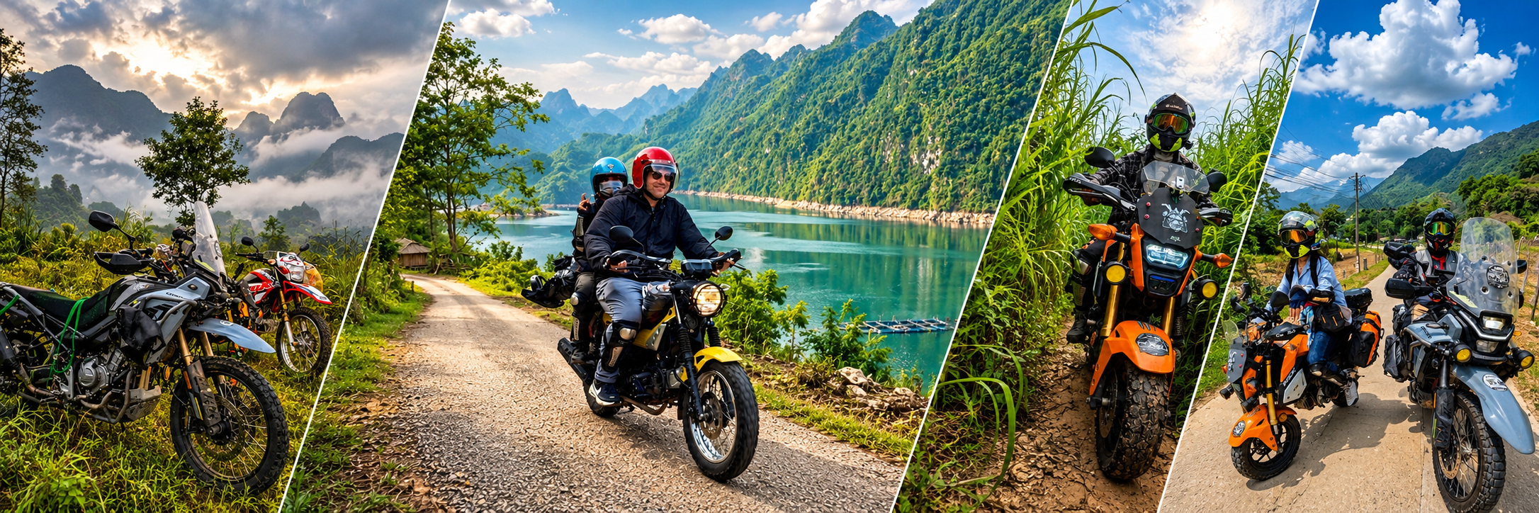 Montage of motorbike journeys in northern Vietnam, showing riders exploring misty mountains, a lakeside route and narrow rural trails.