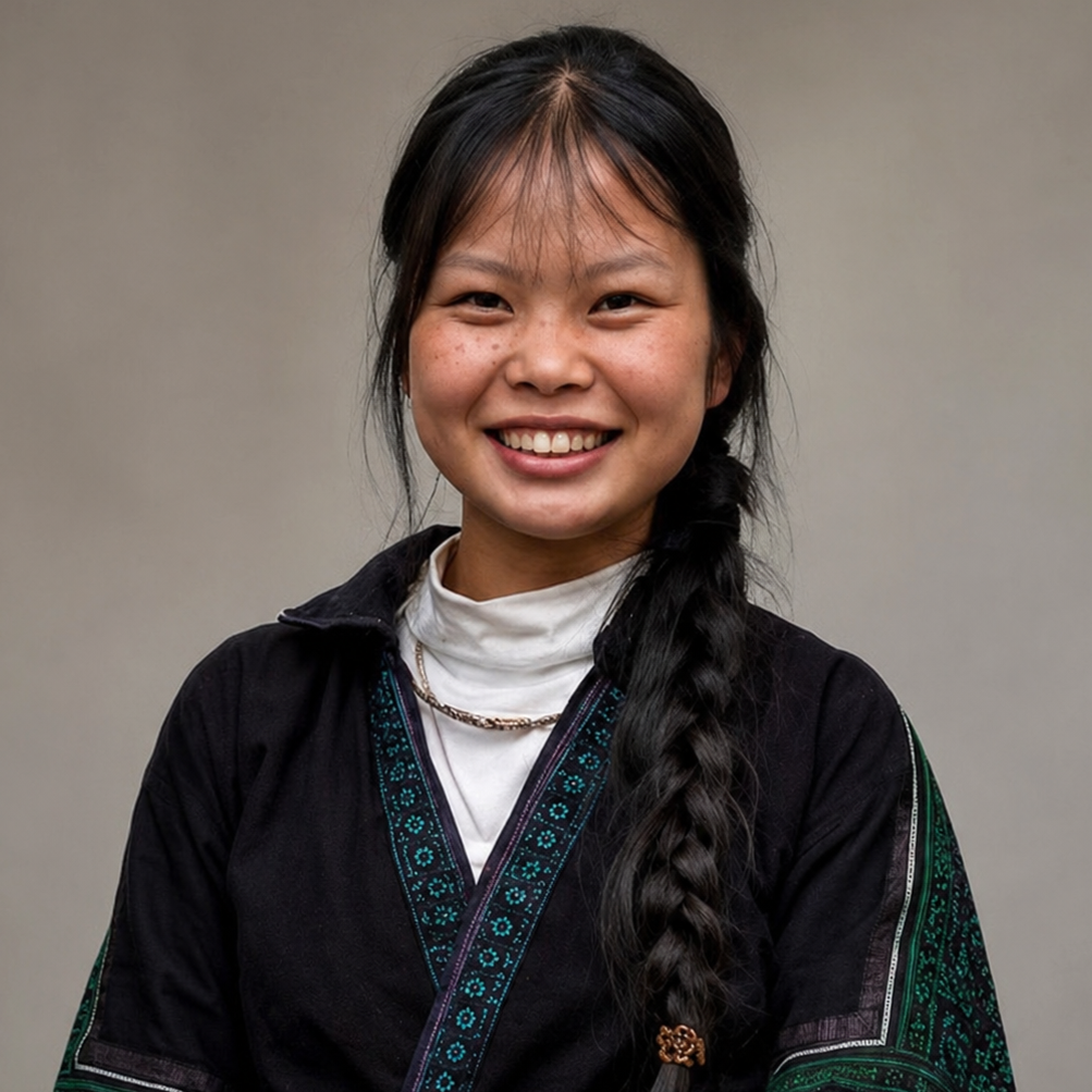 Portrait of Sùng Thị Sinh, a young Black Hmong woman from Sử Pán, smiling in traditional clothing.