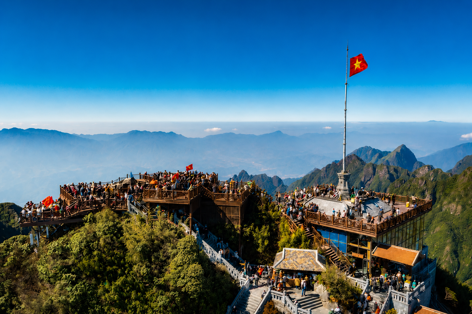 Visitors gathered at the summit complex of Mount Fansipan overlooking the Hoàng Liên Sơn mountains near Sapa in northern Vietnam.