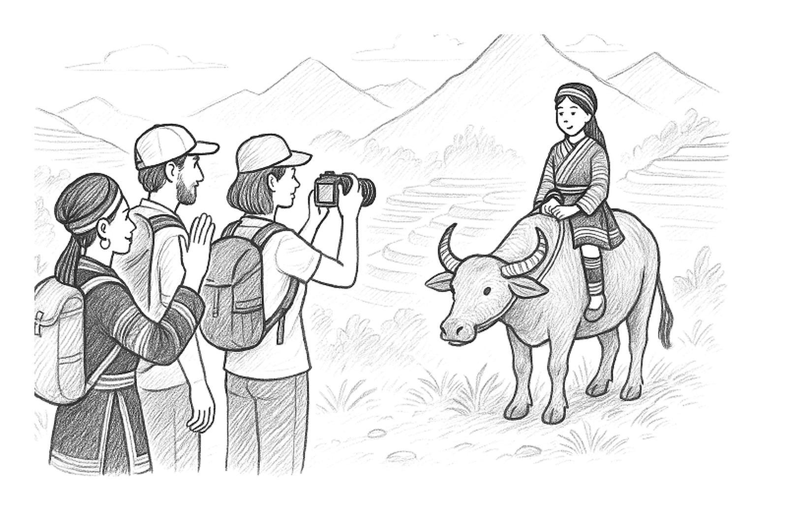 A drawing of a girl wearing traditional Asian clothing riding an ox, with three people taking her picture in a mountainous landscape.