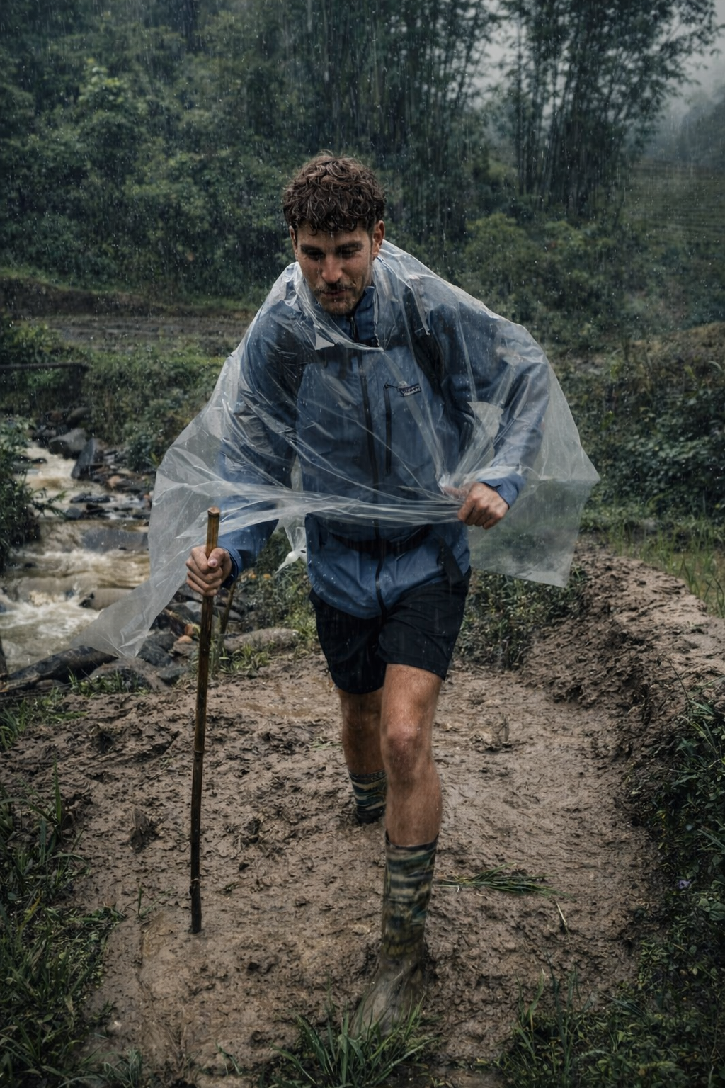 Hiker wearing a clear rain poncho and carrying a walking stick while trekking through a muddy trail in Sapa, Vietnam during wet weather.