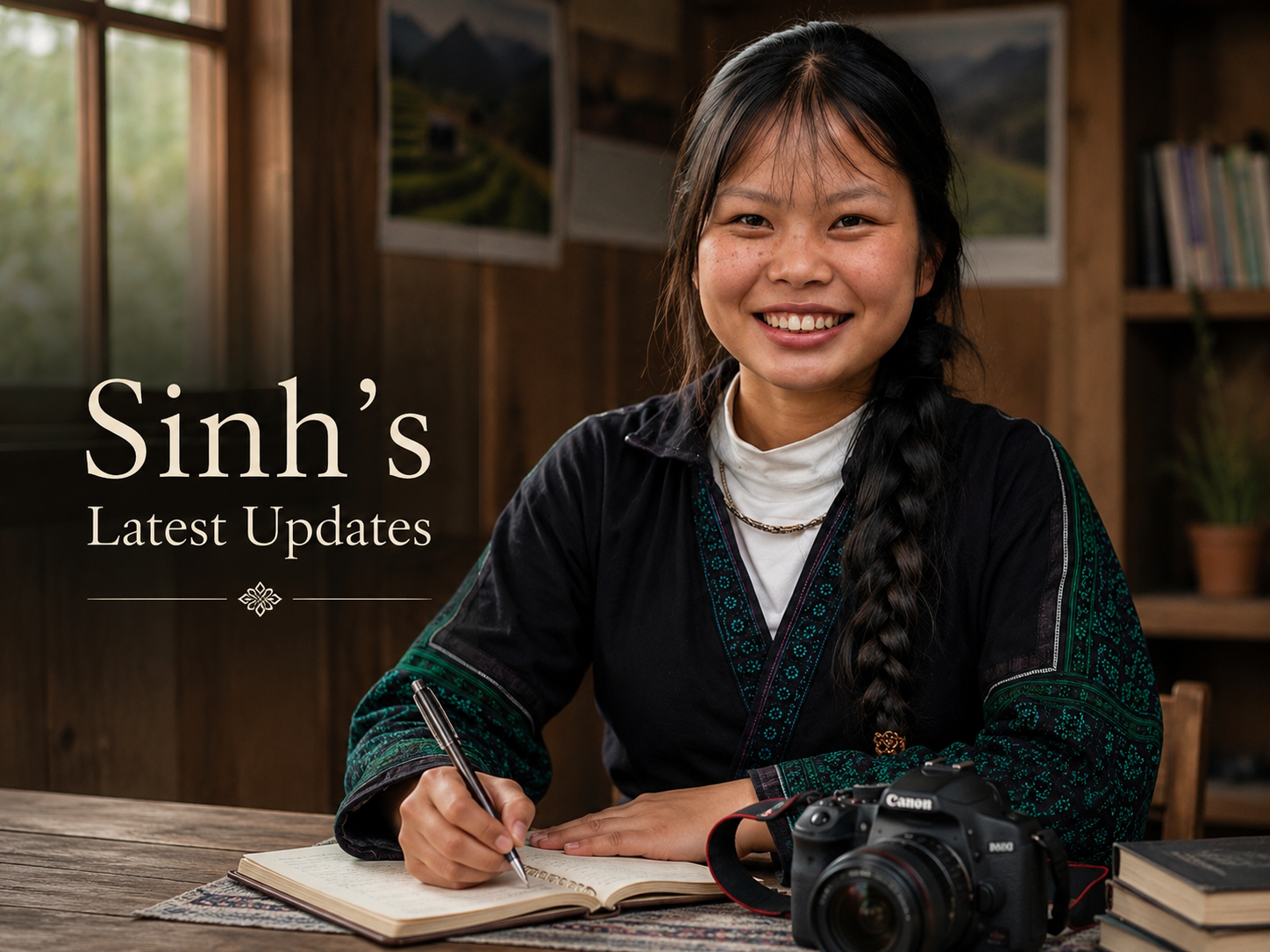 Sinh smiles while writing in a notebook at a wooden table, with a camera and books beside her.
