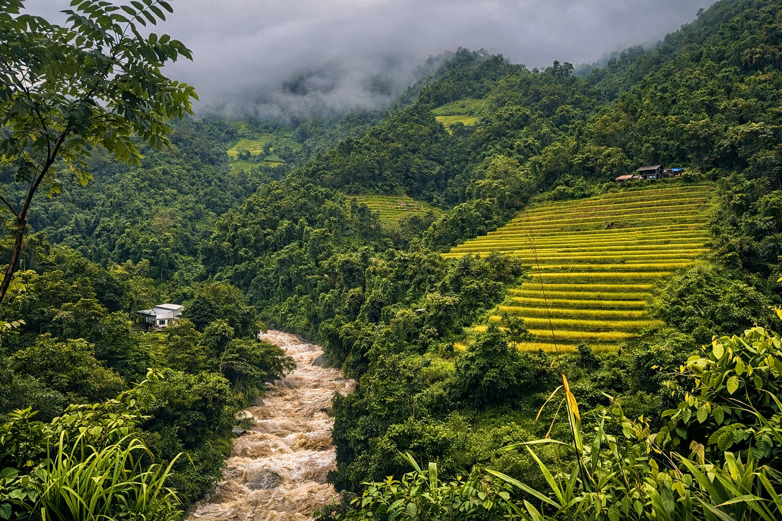A winding river flowing through terraced rice fields, surrounded by lush green hills and misty mountain scenery.