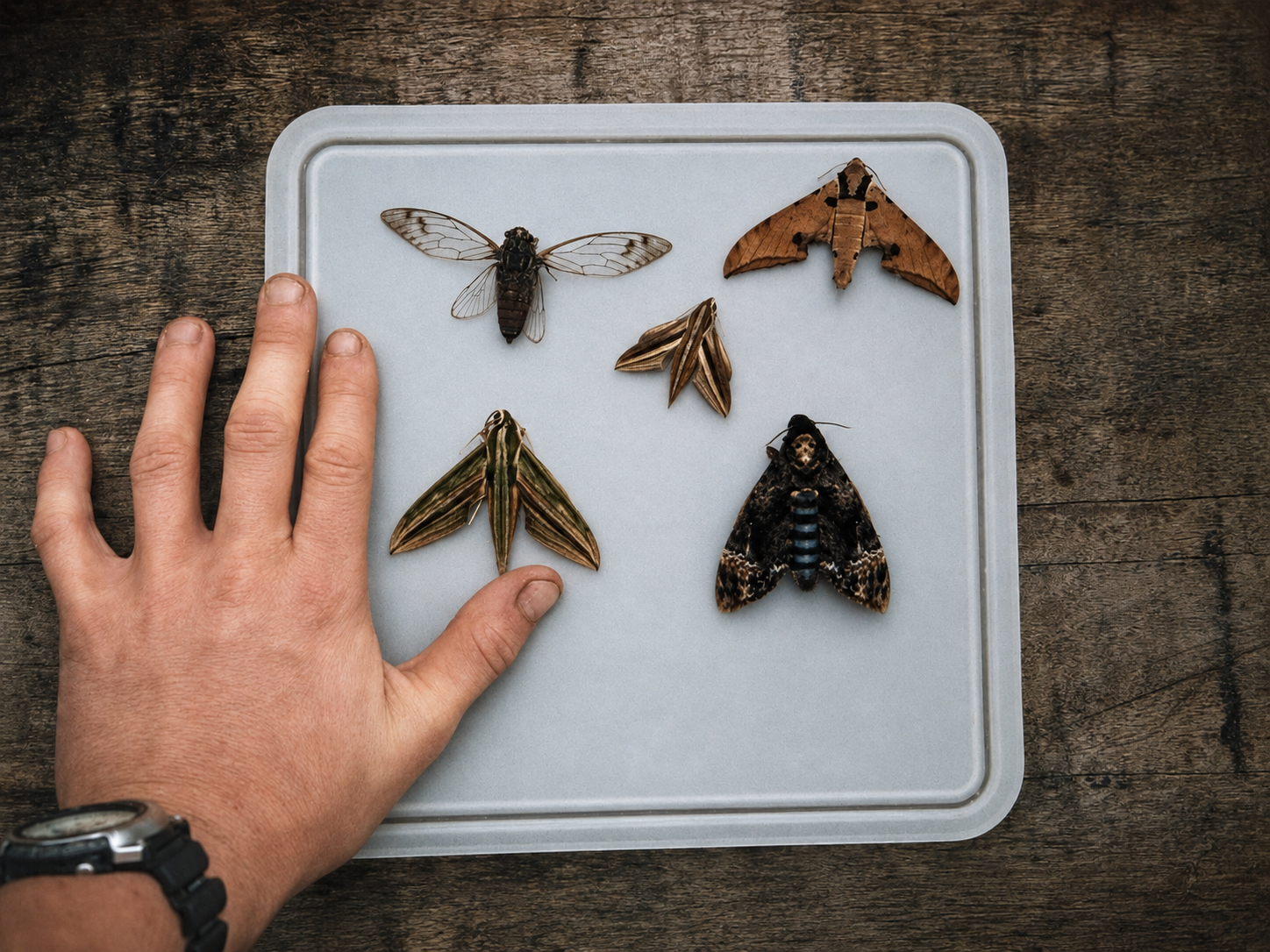 Moths collected during a biodiversity survey in the Hoàng Liên Mountains displayed beside a researcher's hand for scale.