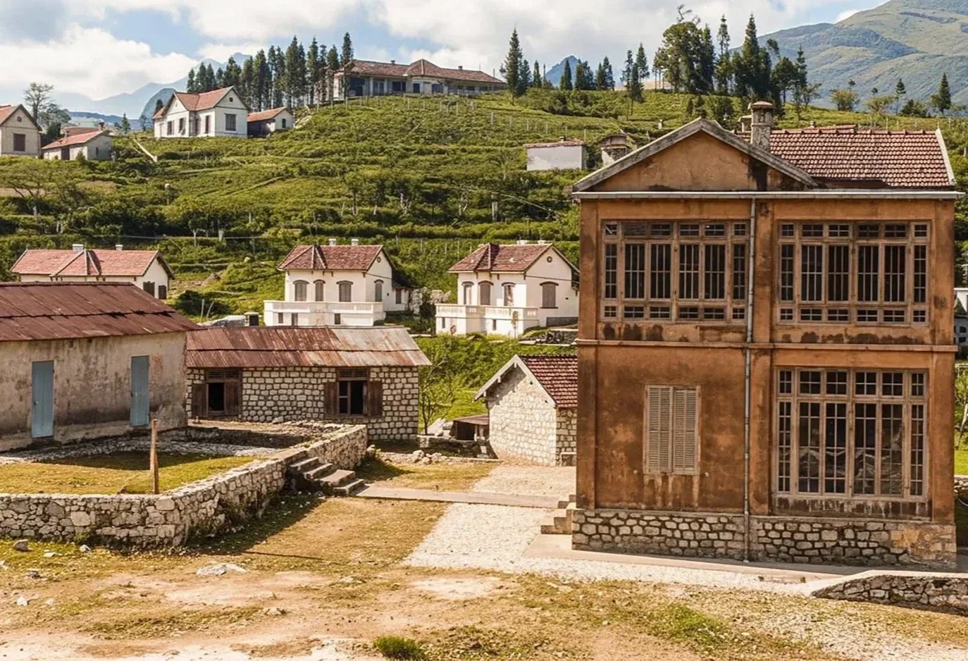 Recoloured historical photograph showing French colonial villas built across the hills of Sapa during the early twentieth century.