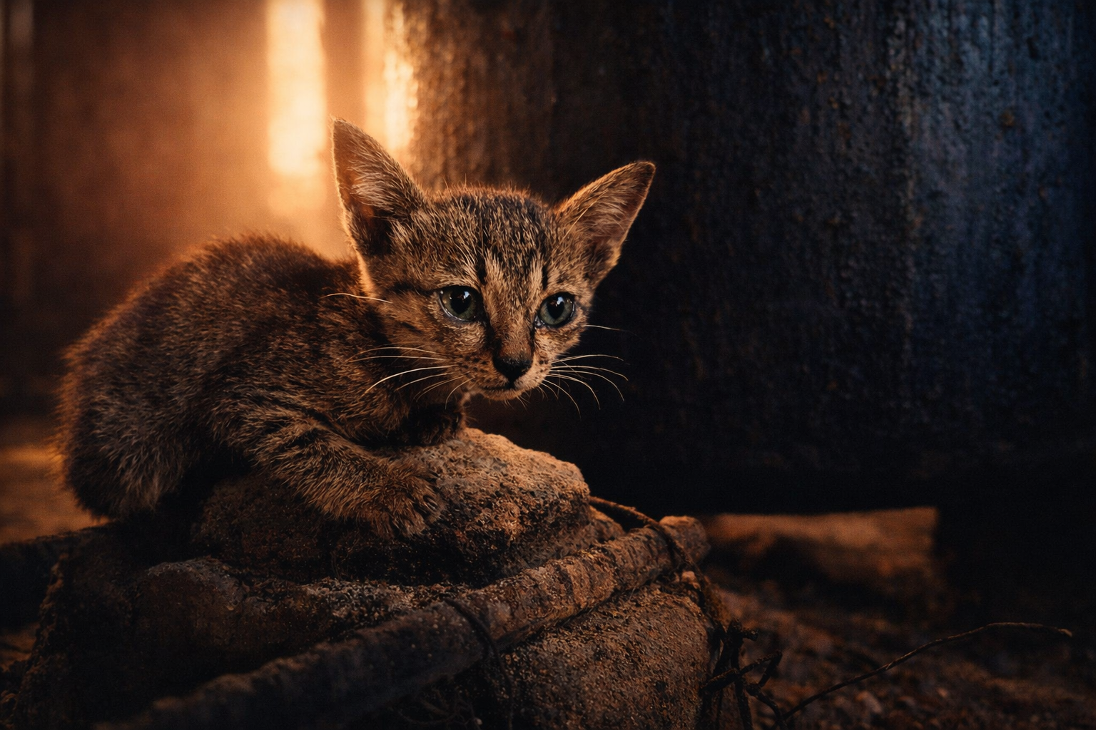 A kitten resting on a stone surface indoors, illuminated by soft firelight in a rustic setting.