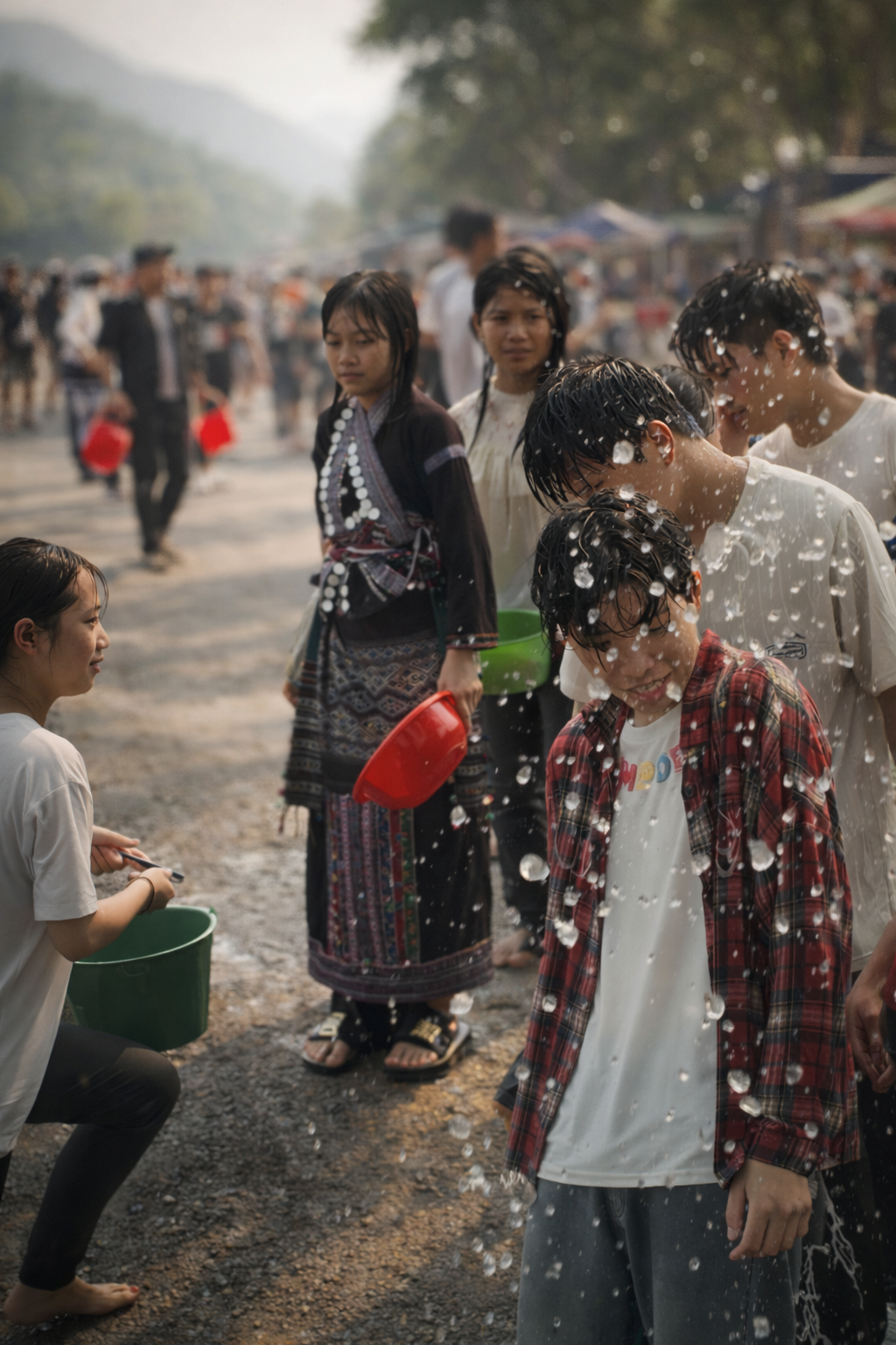 Children and teenagers gathered along a village path, splashing water and laughing during Bun Vốc Nặm, capturing the playful spirit and youthful energy of the Lao spring festival.