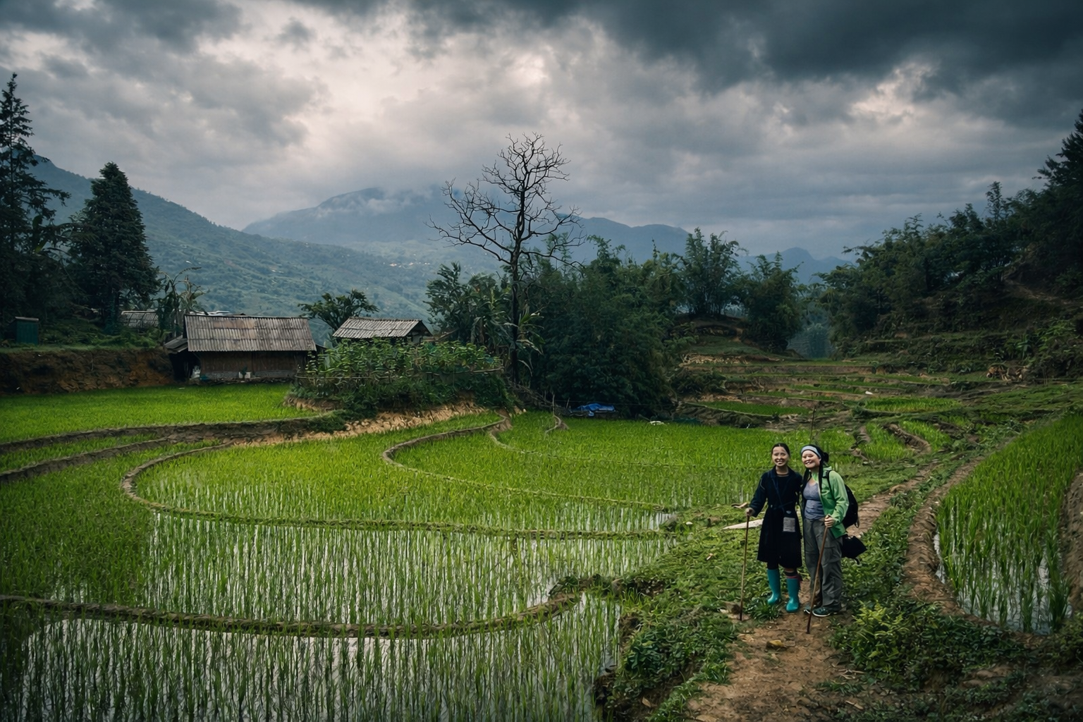 Travellers walking through rice terraces and mountain farmland during an ETHOS trekking experience in the Sapa highlands of northern Vietnam.