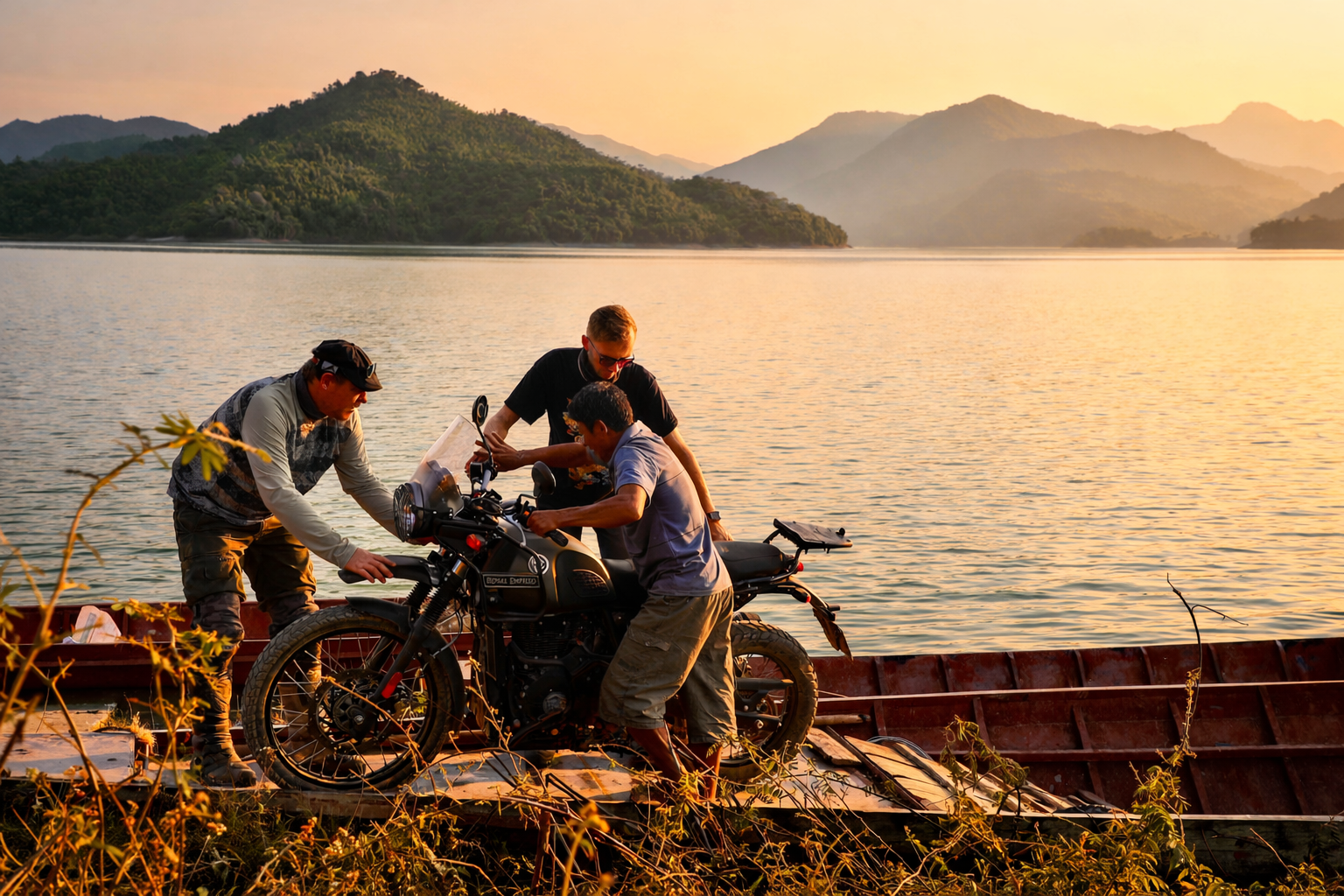 Motorbike being loaded onto a small ferry for river crossing in remote northern Vietnam where bridges are limited