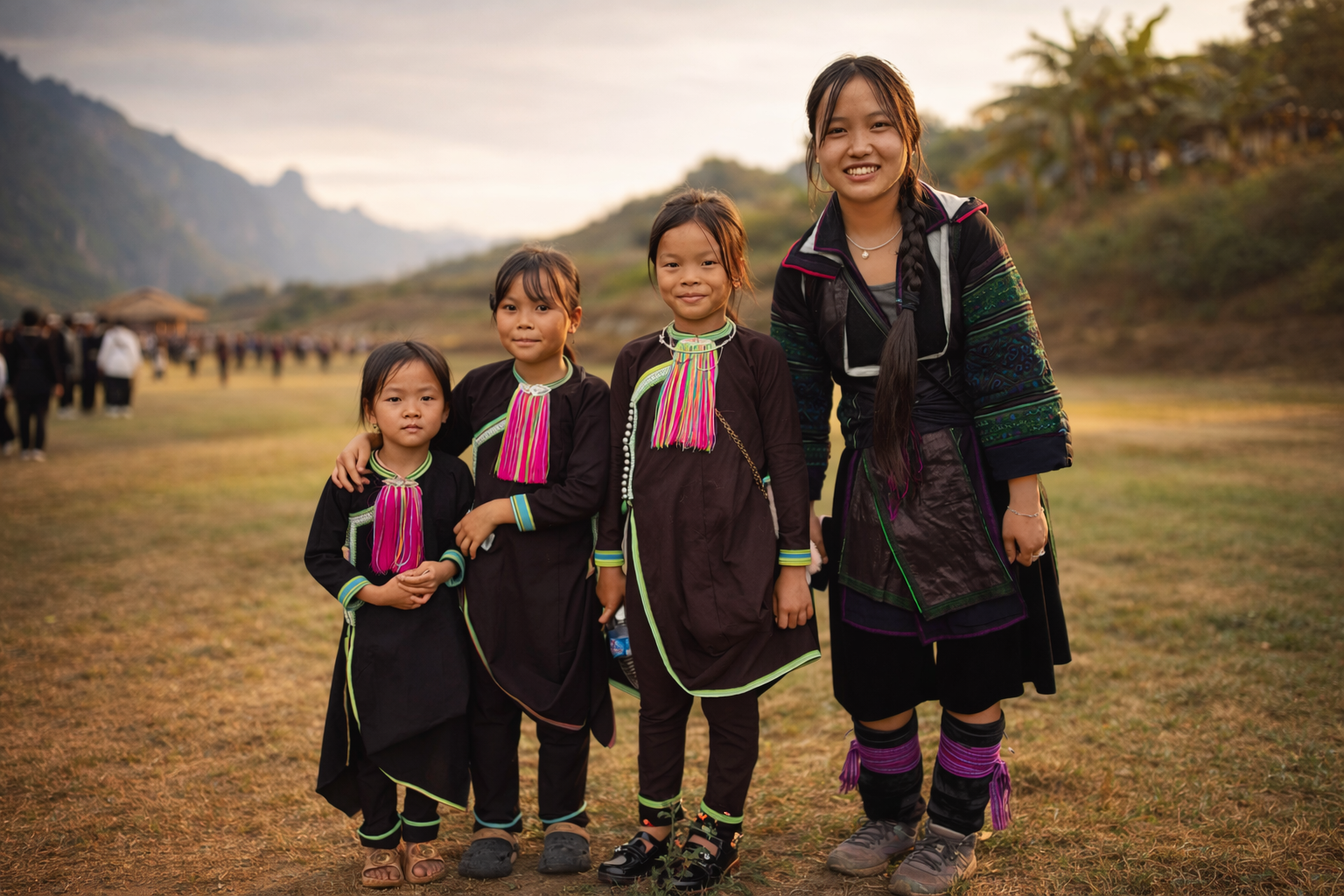 Children wearing traditional clothing standing together in a rural village in northern Vietnam.