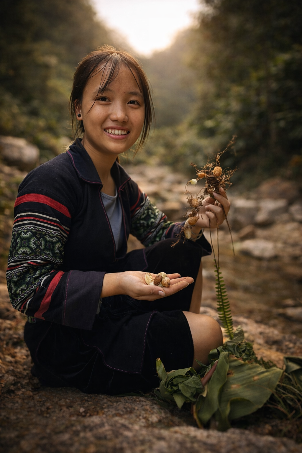 Ly Thi Cha, Black Hmong guide in Sapa, holding foraged plants and sharing local knowledge rooted in daily life and tradition