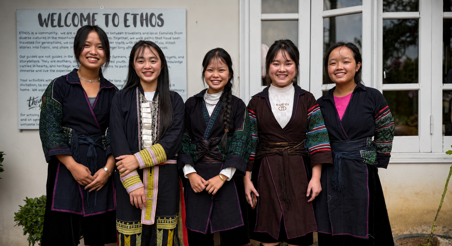 ETHOS Youth Leaders Cha and Do with apprentices Ta May, Sinh and Pang outside the ETHOS office in Sa Pa, Vietnam.