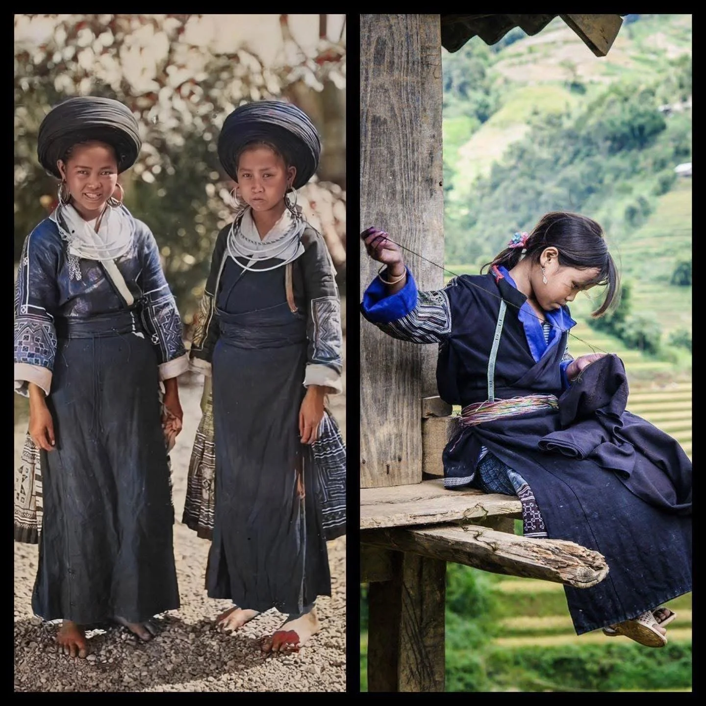 Hmong women standing together wearing clothing from an earlier generation and contemporary Hmong dress, showing how styles have changed over time.