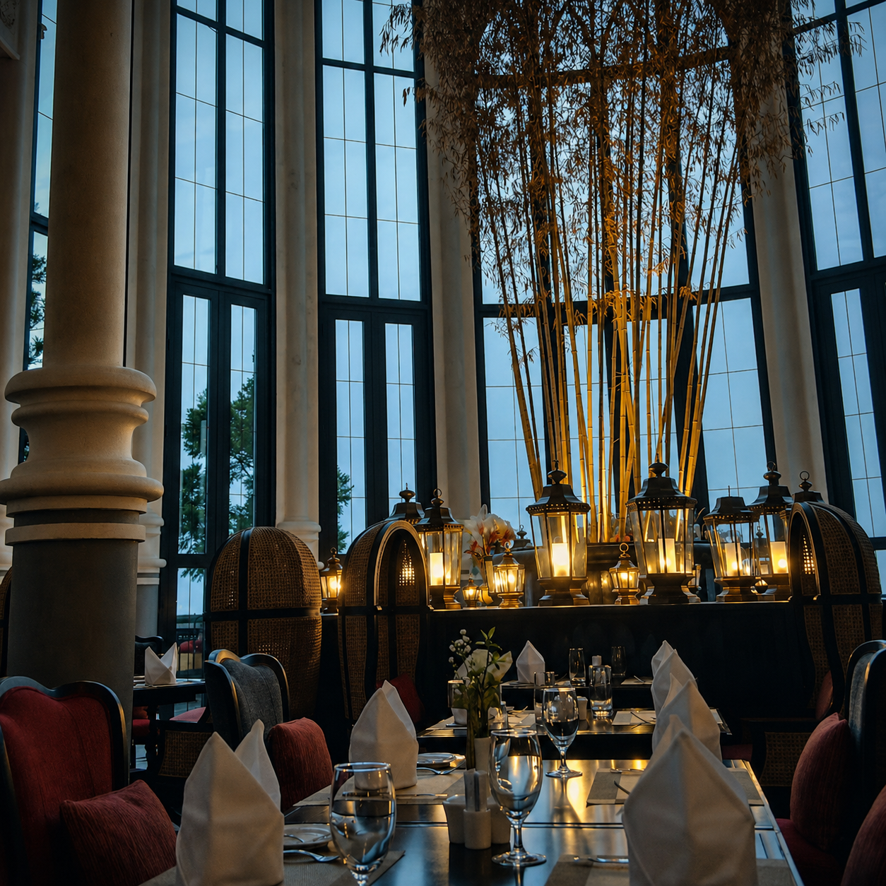 Elegant dining area inside Hotel de la Coupole in Sapa featuring grand interiors and tall windows.