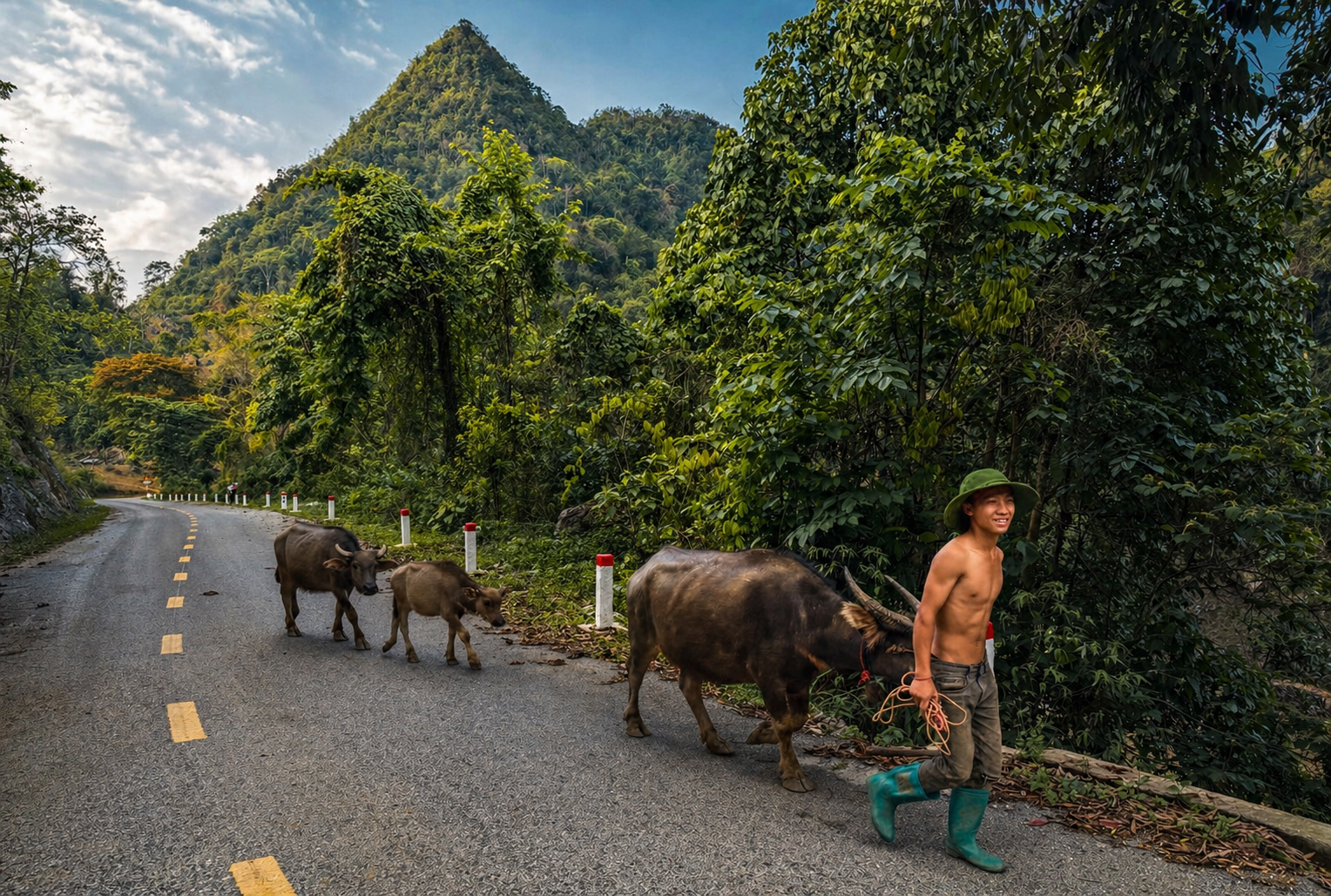 Water buffalo being led along a quiet mountain road surrounded by lush green jungle in northern Vietnam.