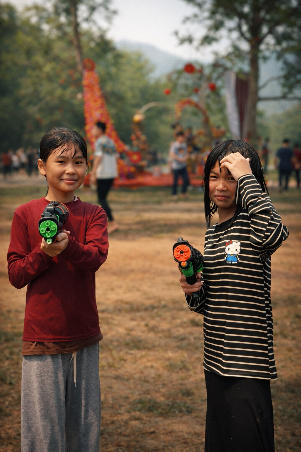 Two Lao children smiling and holding water pistols during the Bun Vốc Nặm festival, standing beneath festival decorations as playful water games unfold around them.