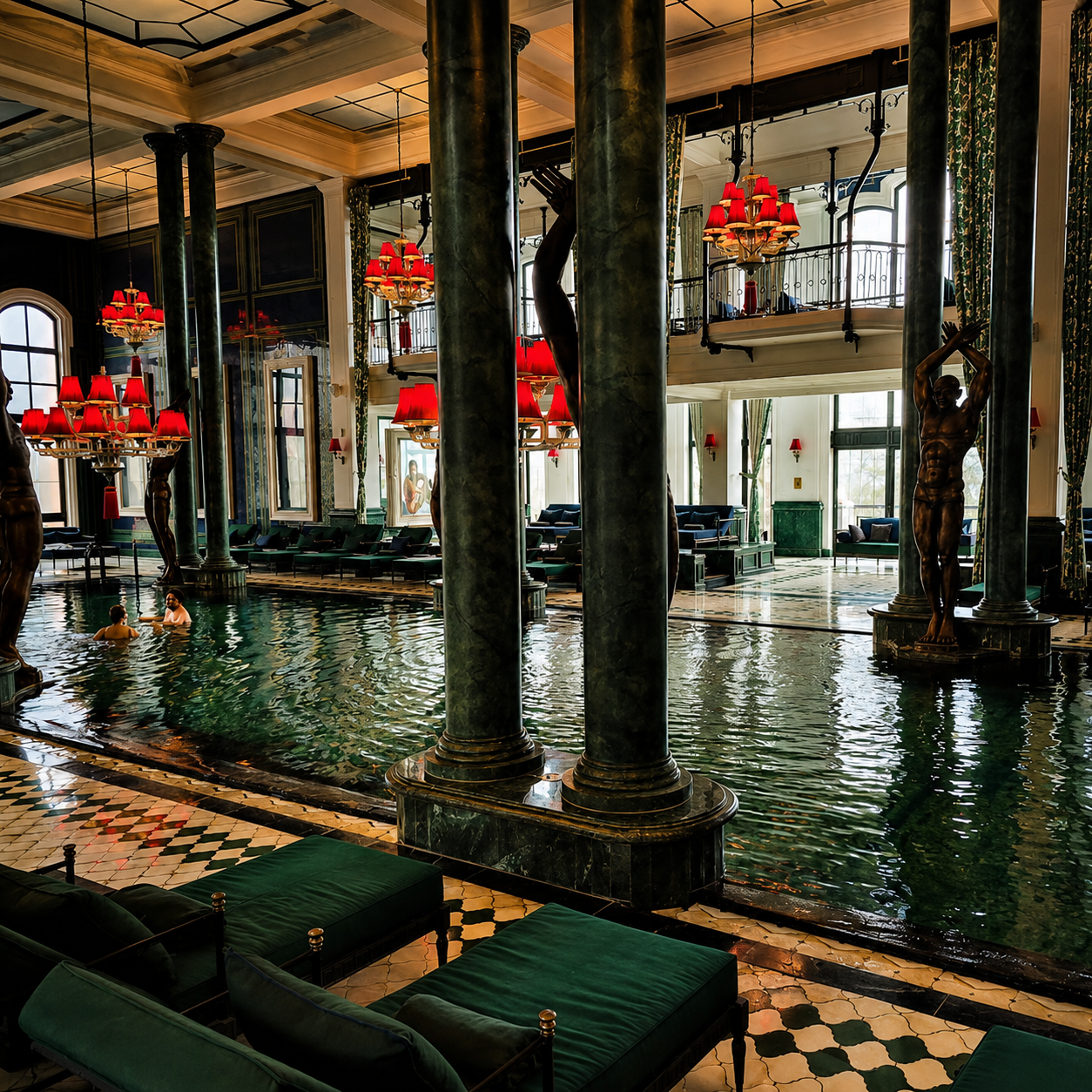 Luxurious indoor swimming pool inside Hotel de la Coupole in Sapa with grand classical architecture.