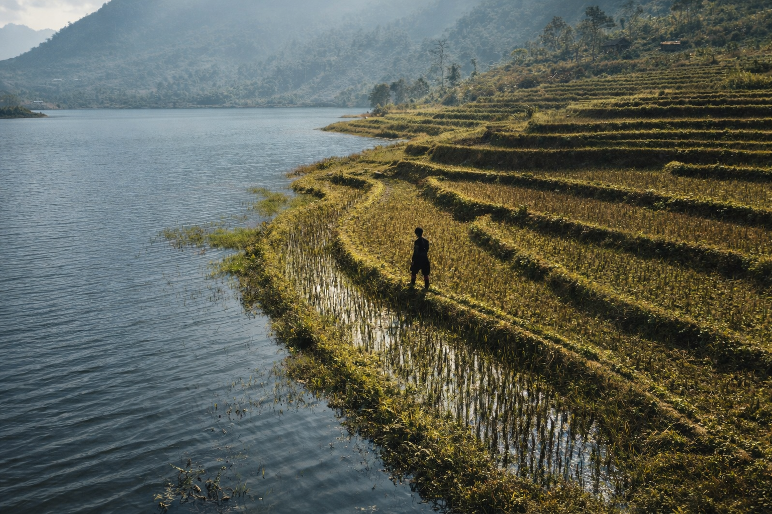 Terraced rice fields beside a mountain lake in Sapa, northern Vietnam.