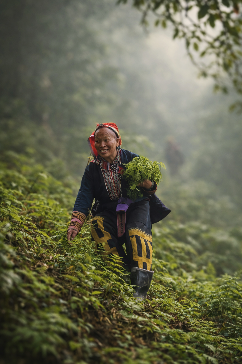 Red Dao guide foraging wild plants in the forest during an ETHOS trek in Sapa, sharing traditional knowledge of food and nature