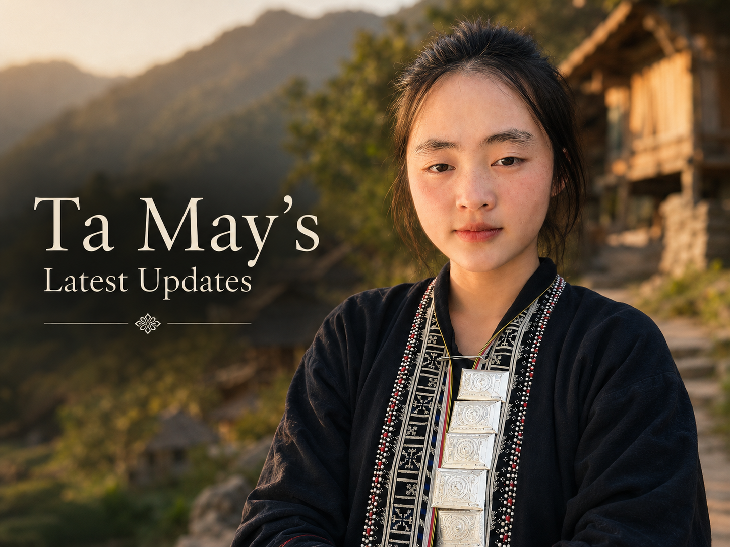 Ta May stands outdoors in traditional Red Dao clothing, with a mountain village and warm evening light behind her.