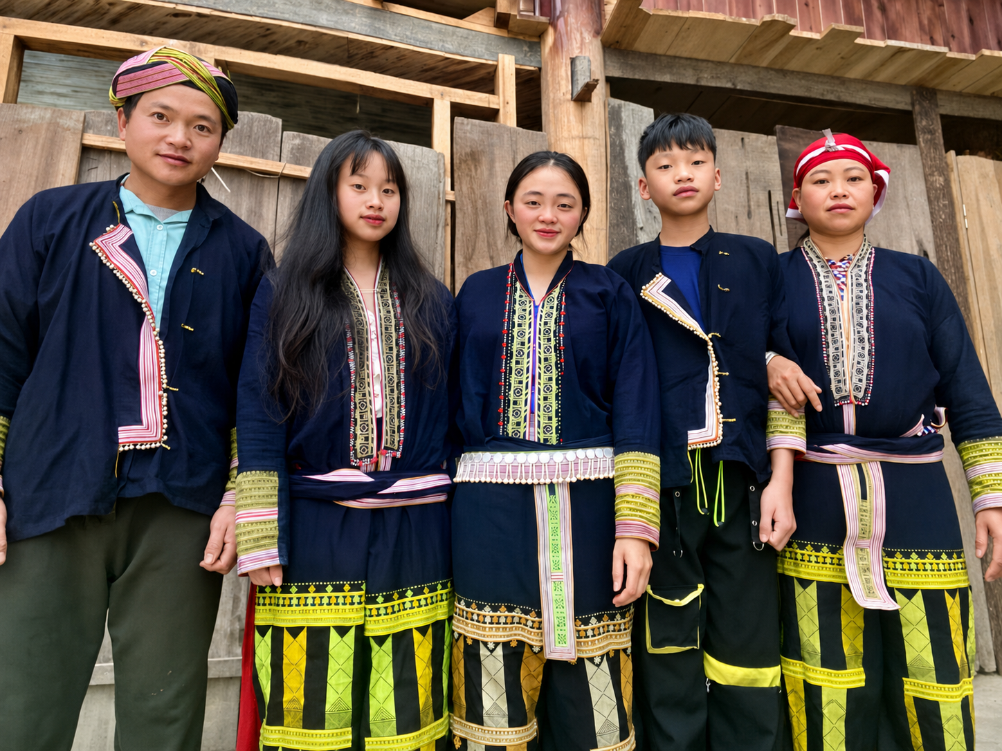 Phàn Tả Mẩy stands with four members of her Red Dao family outside their wooden home in Tả Phìn, Sa Pa.