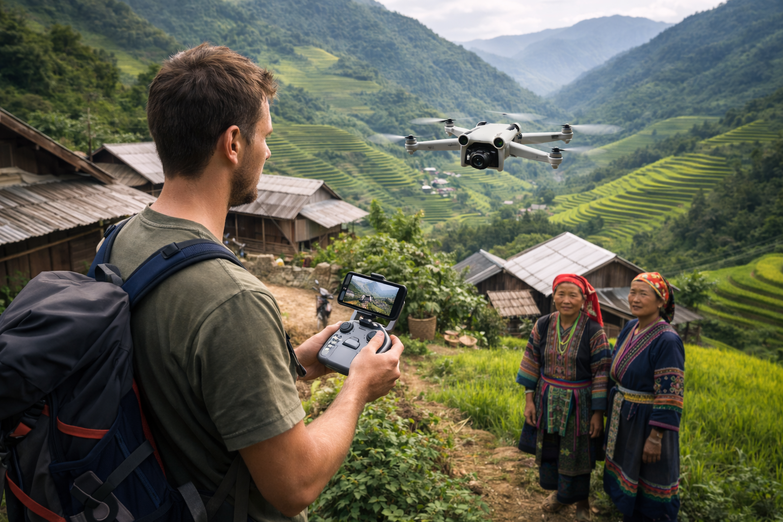 A man with a backpack flying a drone over a village with two women in traditional clothing, surrounded by lush green hills and terraced fields.