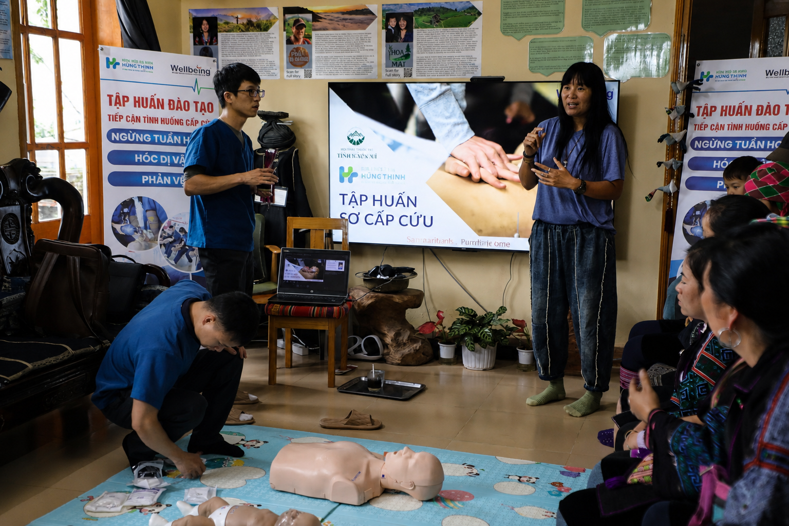 ETHOS training session introducing first aid and emergency response techniques to local trekking guides in Sapa.