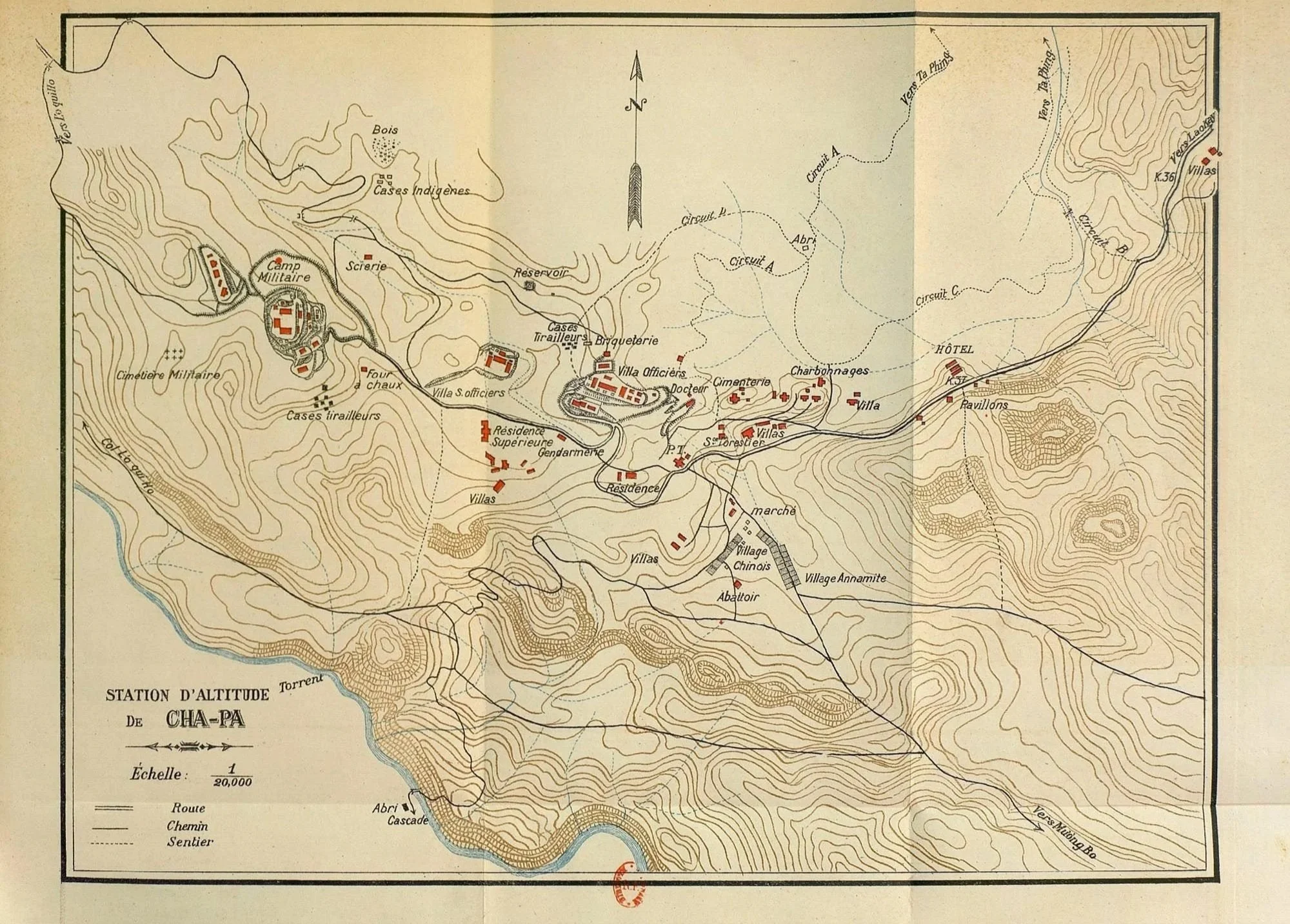 Colonial-era French map of Cha Pa, now Sapa, showing early settlement layout, roads, and mountain topography in northern Vietnam.