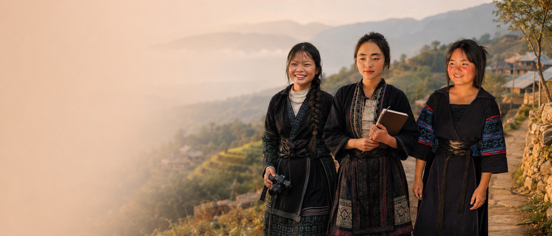 ETHOS apprentices Sinh, Ta May and Pang stand together in traditional Hmong and Red Dao clothing against a mountainous Sa Pa landscape.