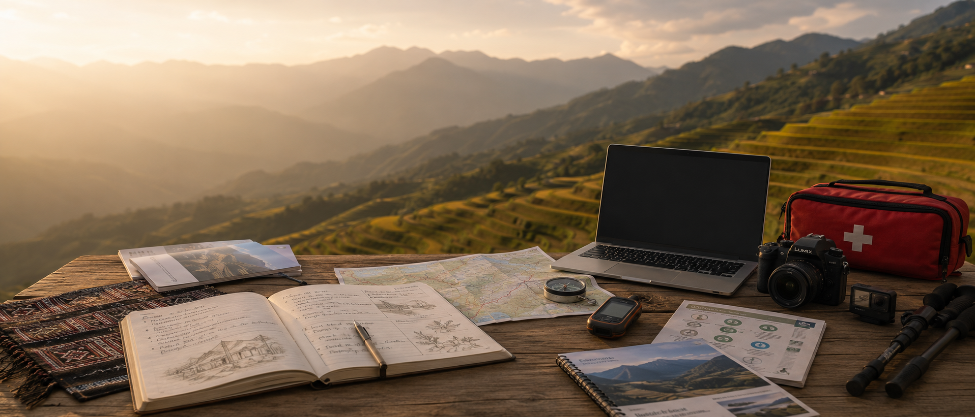 A laptop, map, compass, notebook and field equipment arranged on a wooden table overlooking the terraced mountains of Sa Pa.