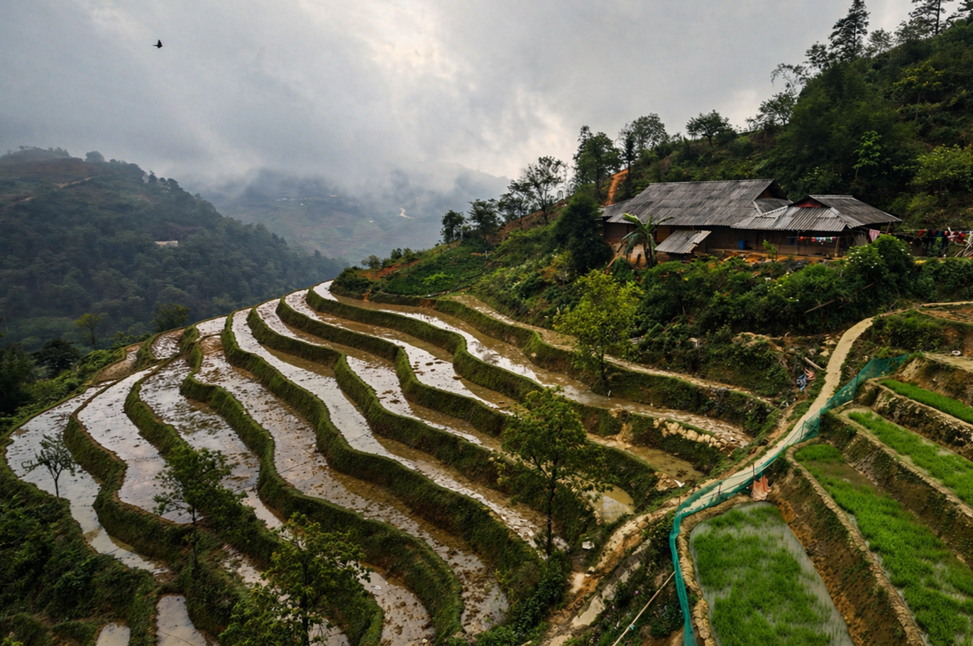 Flooded rice terraces winding through the mountains with a traditional Hmong house overlooking the valley near Sapa.