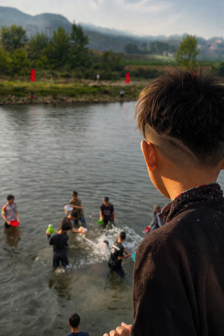Lao youth wading and swimming in a mountain river during the Bun Vốc Nặm water festival, seen from above as the celebration spills into the landscape and shared joy fills the air.
