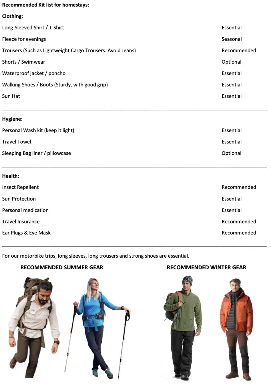 A checklist for homestay gear and health supplies, including clothing, hygiene, and health items, with photographs of two men and a woman in outdoor gear for summer and winter activities.