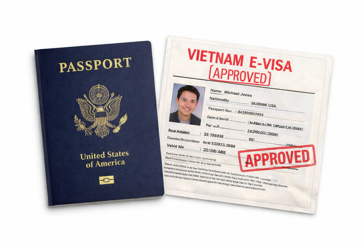 U.S. passport and a Vietnamese e-visa approval document with a photo of a man and red 'APPROVED' stamp.