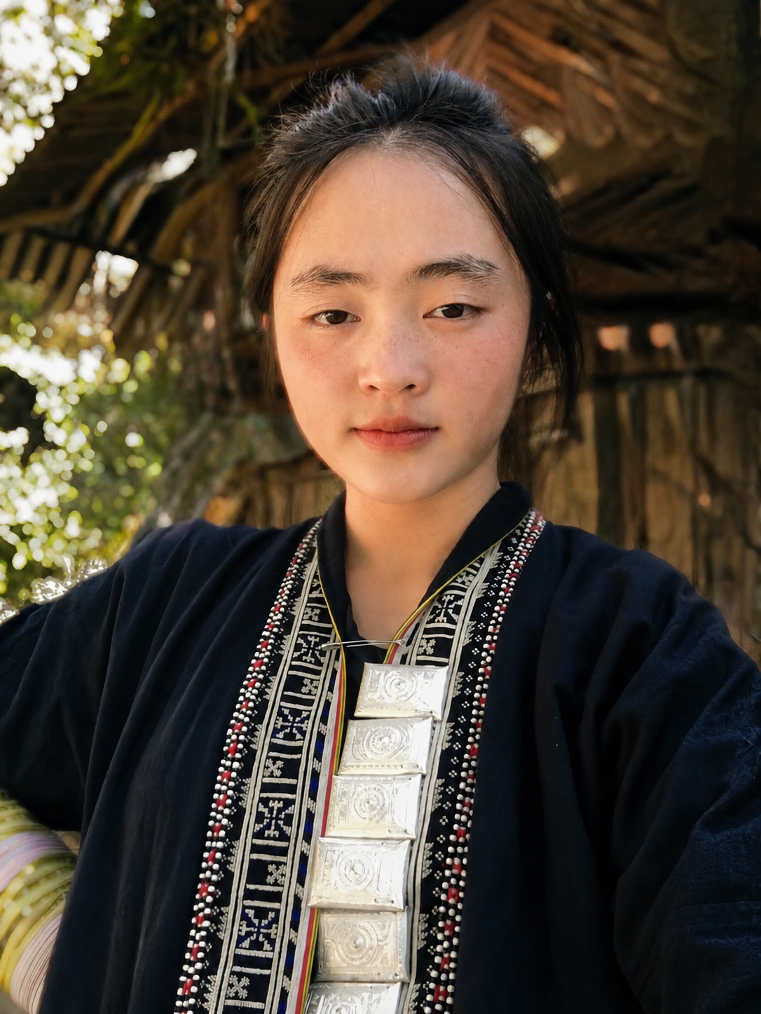 Phàn Tả Mẩy stands outside a wooden village home wearing Red Dao clothing and traditional silver jewellery.