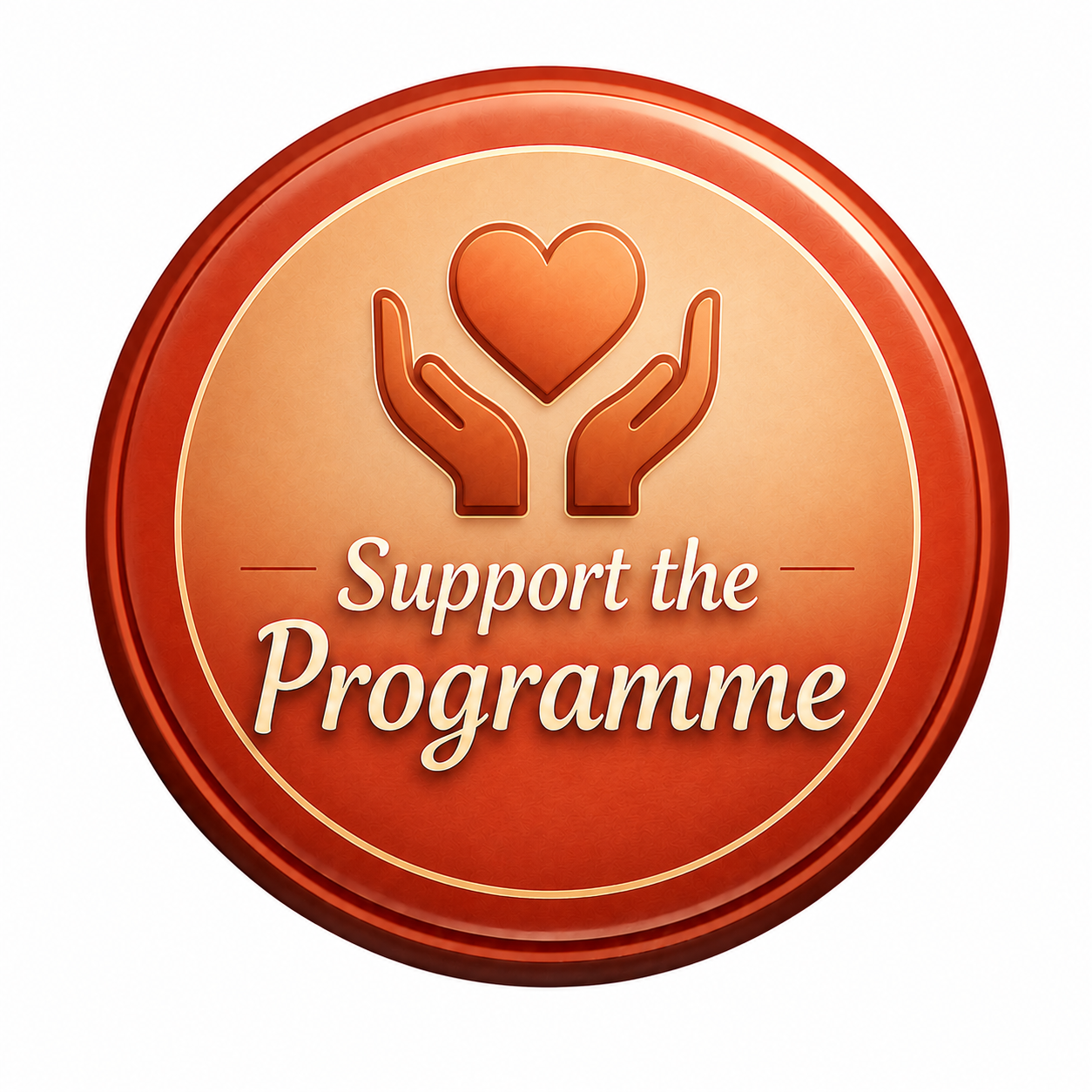 Circular orange button showing two hands holding a heart and the words “Support the Programme”.