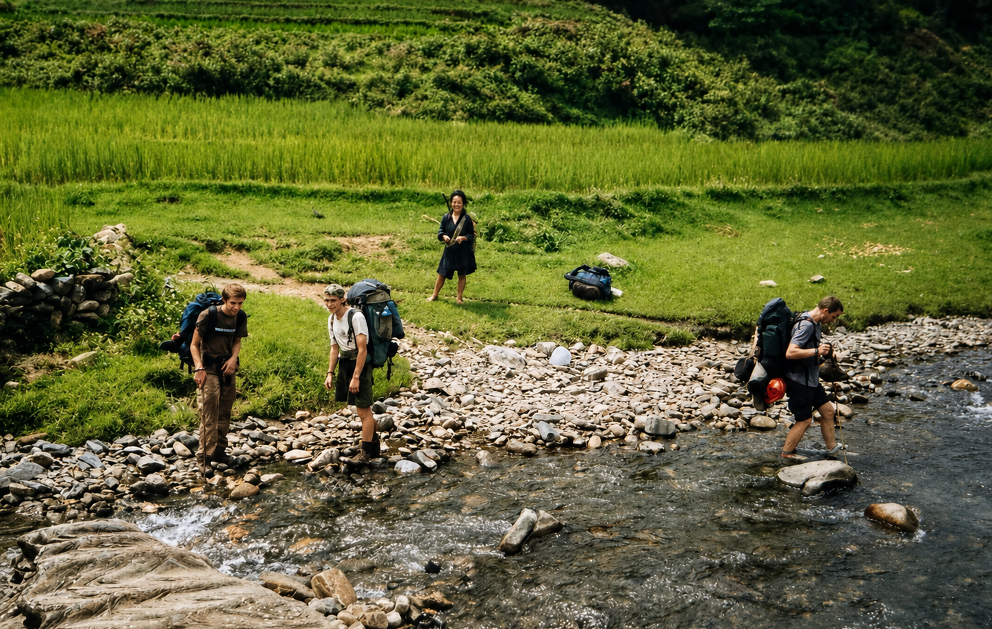 ETHOS guests and a local guide crossing a shallow mountain stream during a private trek near Sa Pa, Vietnam.