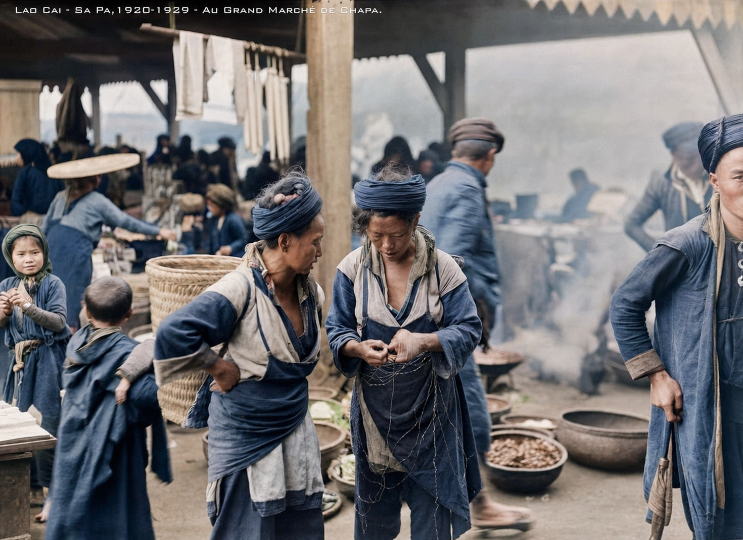 Recoloured historical photograph of Hmong people trading and gathering at Sapa market during the early twentieth century in northern Vietnam.