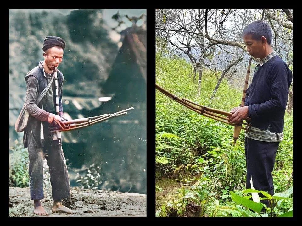 Side by side view of Hmong clothing from the past and today, illustrating how tradition and modern life meet in northern Vietnam.